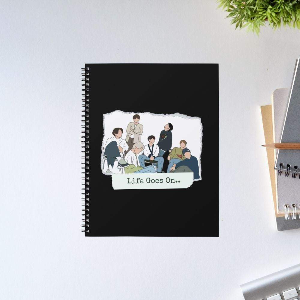BTS Life Goes On spiral notebook with dark minimalist K-pop fan art showing Bangtan members – stylish journal and perfect gift for ARMY fans and K-pop collectors