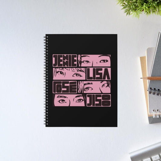 Black spiral-bound notebook with pink graphic design on a white surface Black Pink Notebook.