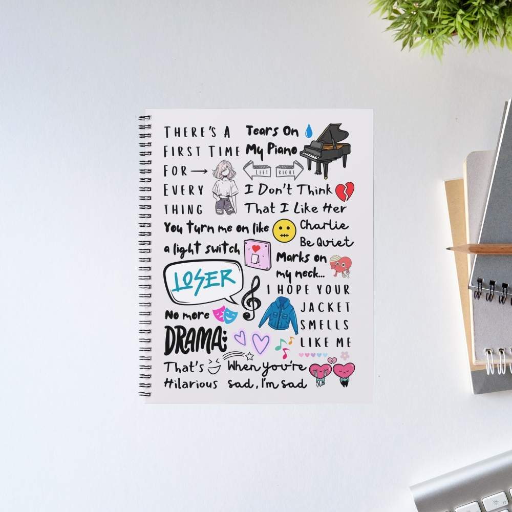 Charlie's Chart Toppers spiral notebook with hand-drawn pop music song titles and doodle art design – fun music lover journal and K-pop fan gift for chart music enthusiasts and collectors
