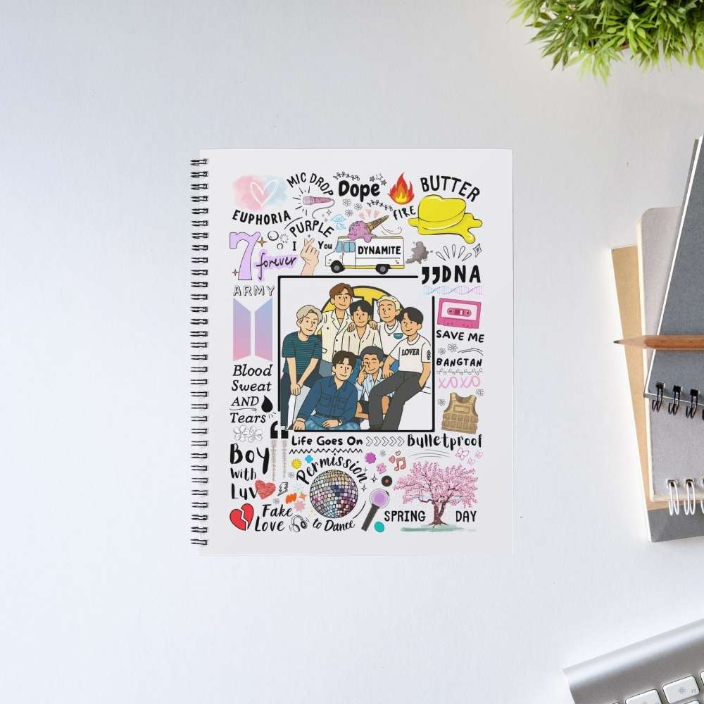 BTS Bangtan Scribbles spiral notebook featuring hand-drawn doodle art with iconic BTS song titles and symbols – perfect K-pop merch gift for ARMY fans