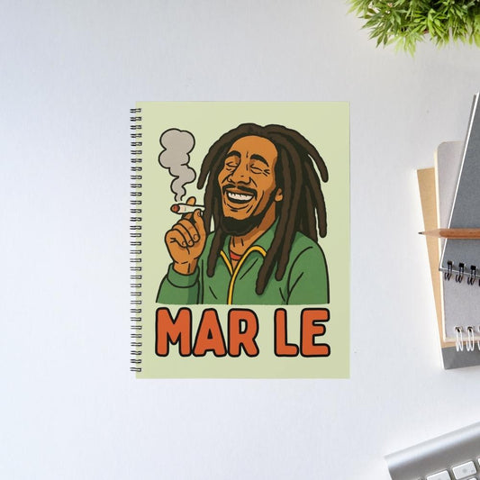 Notebook with a cartoon character and 'MAR LE' text on a light green background Bob Marley Gift Merch The Banyan Tee