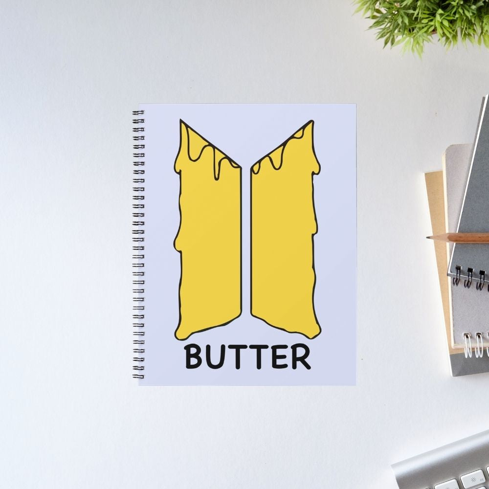 BTS Butter spiral notebook with golden melting butter BTS logo design – smooth and stylish K-pop fan journal inspired by Bangtan's chart-topping hit song, ideal ARMY gift