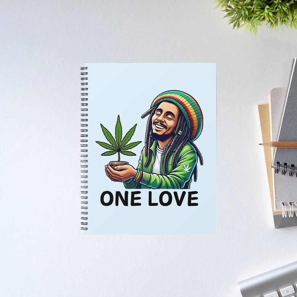 Notebook with a design of a person holding a cannabis leaf and 'ONE LOVE' text on a light blue background. Bob Marley