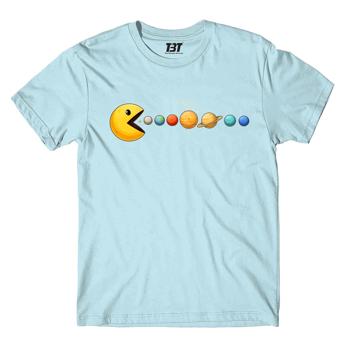 printed graphic pacman eating planets t-shirt printed graphic stylish buy online united states usa the banyan tee tbt men women girls boys unisex baby blue
