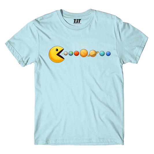 printed graphic pacman eating planets t-shirt printed graphic stylish buy online united states usa the banyan tee tbt men women girls boys unisex baby blue
