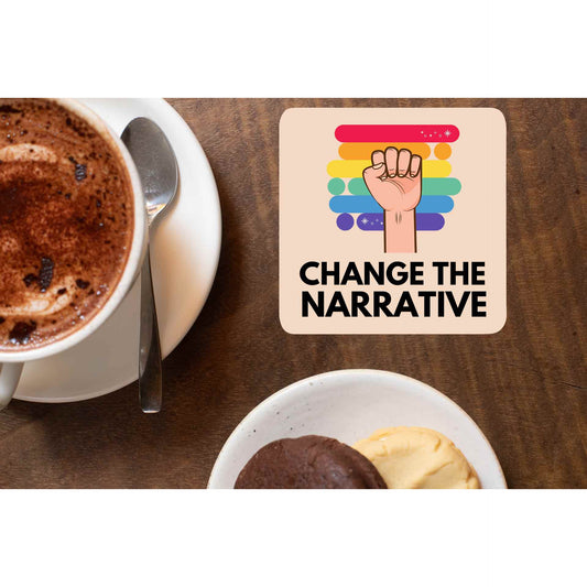 pride change the narrative coasters wooden table cups indian printed graphic stylish buy online india the banyan tee tbt men women girls boys unisex  - lgbtqia+
