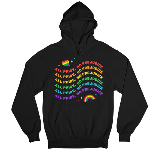 pride all pride no prejudice hoodie hooded sweatshirt winterwear printed graphic stylish buy online united staes u s the banyan tee tbt men women girls boys unisex black - lgbtqia+