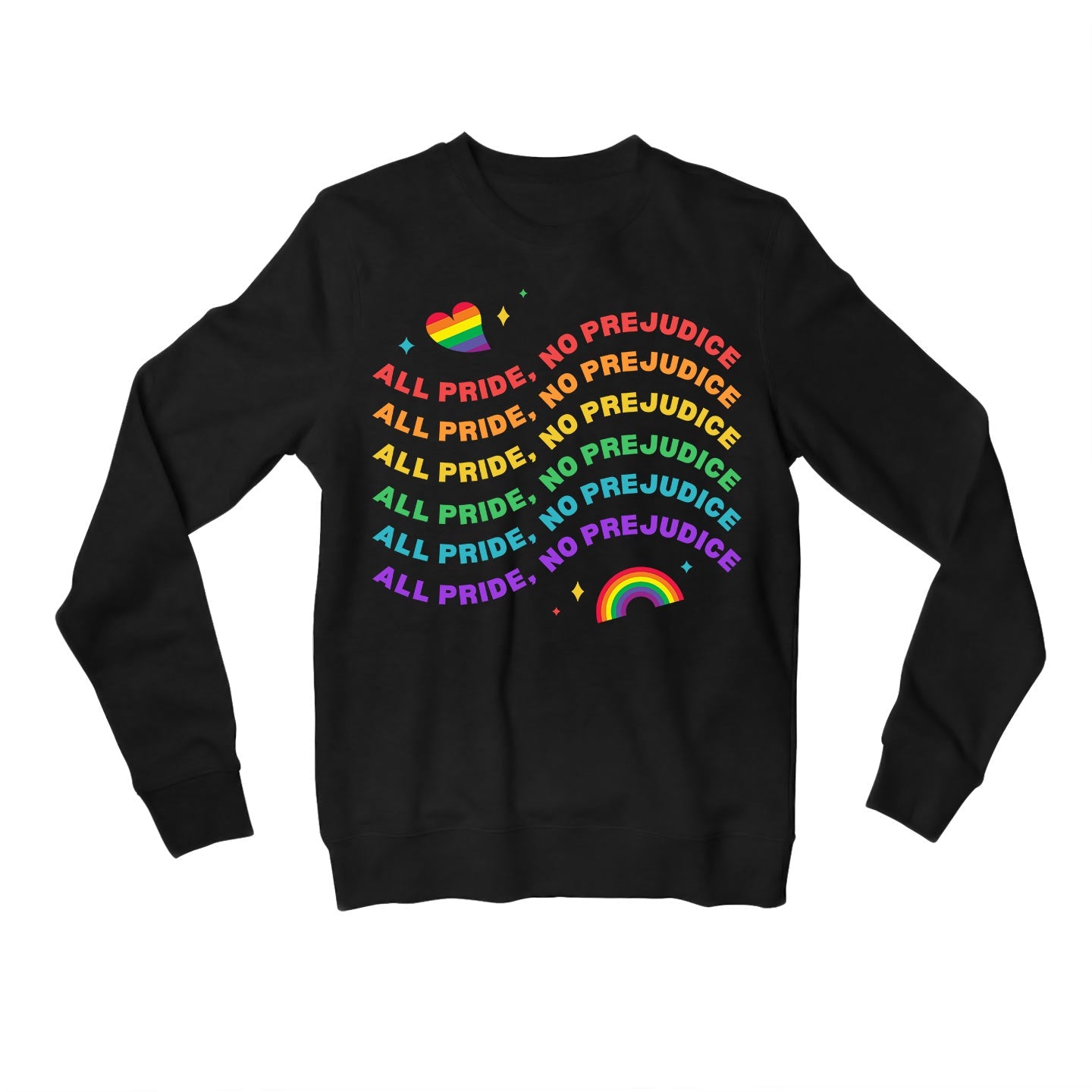 pride all pride no prejudice sweatshirt upper winterwear printed graphic stylish buy online united states u s the banyan tee tbt men women girls boys unisex black - lgbtqia+