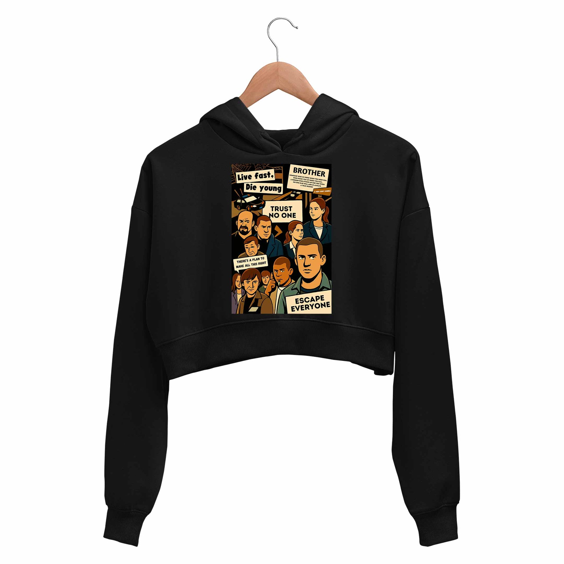 prison break escape everyone crop hoodie hooded sweatshirt upper winterwear tv & movies buy online india the banyan tee tbt men women girls boys unisex black