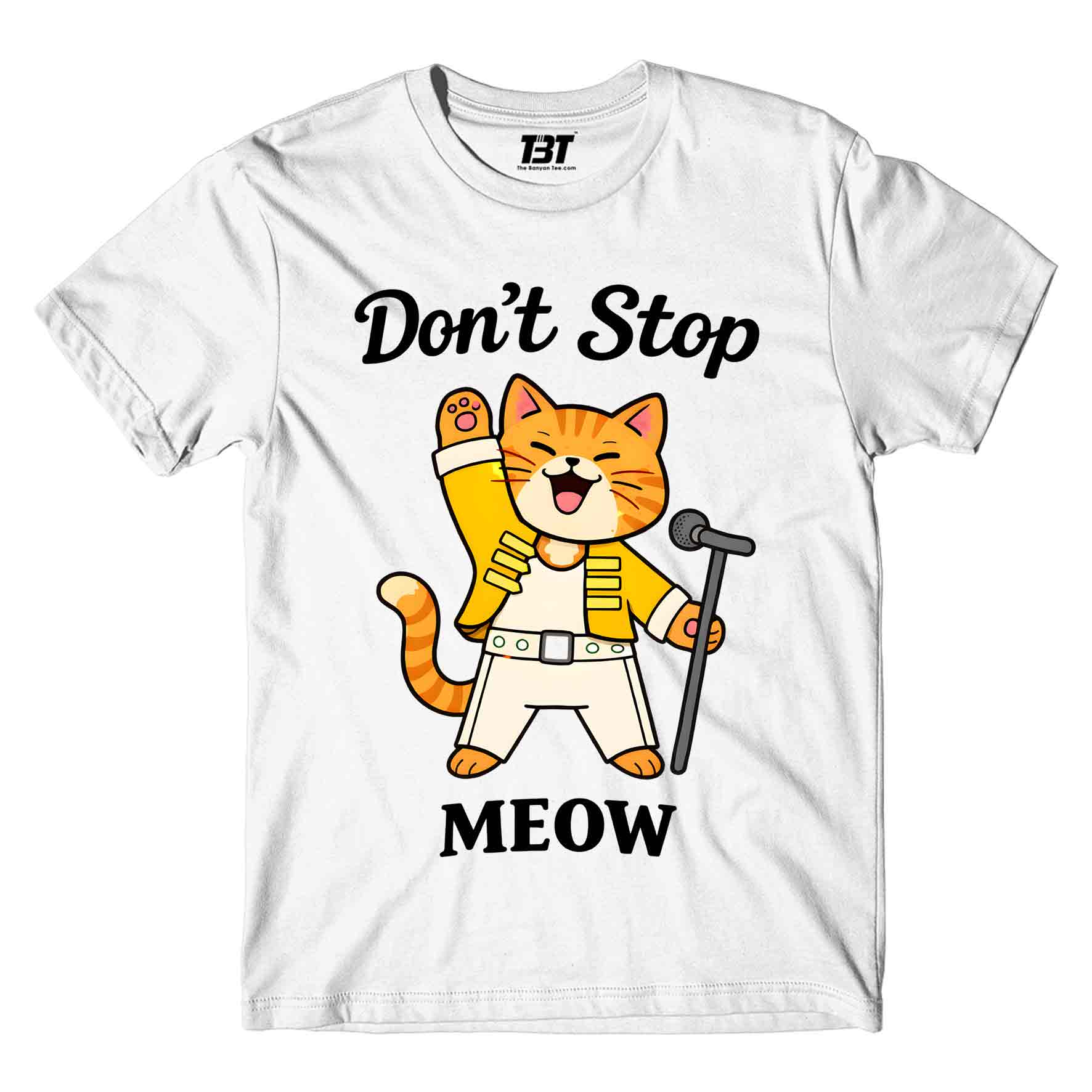 queen don't stop meow t-shirt music band buy online united states usa the banyan tee tbt men women girls boys unisex white 