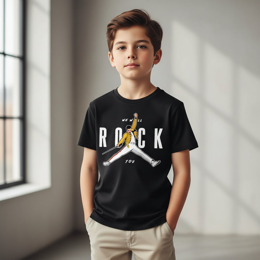 Black t-shirt with a graphic of a person in a yellow jacket and white pants, with text 'We Will Rock You' on a white background.