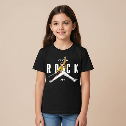 Black t-shirt with a graphic of a person in a yellow jacket and white pants, with text 'We Will Rock You' on a white background.
