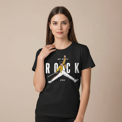 Black t-shirt with a graphic of a person in a yellow jacket and white pants, with text 'We Will Rock You' on a white background. queen