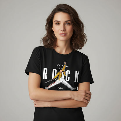 Black t-shirt with a graphic of a person in a yellow jacket and white pants, with text 'We Will Rock You' on a white background.
