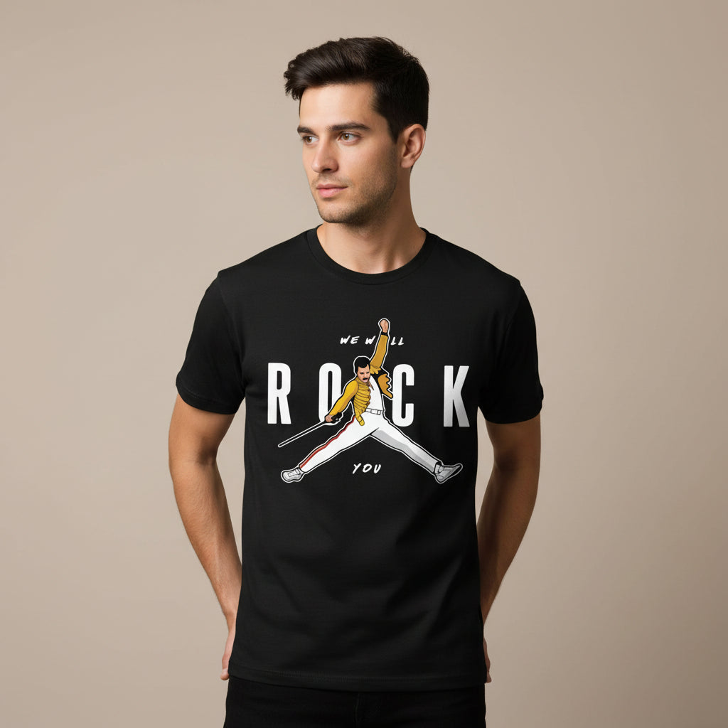 Black t-shirt with a graphic of a person in a yellow jacket and white pants, with text 'We Will Rock You' on a white background.