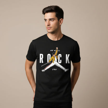 Black t-shirt with a graphic of a person in a yellow jacket and white pants, with text 'We Will Rock You' on a white background.