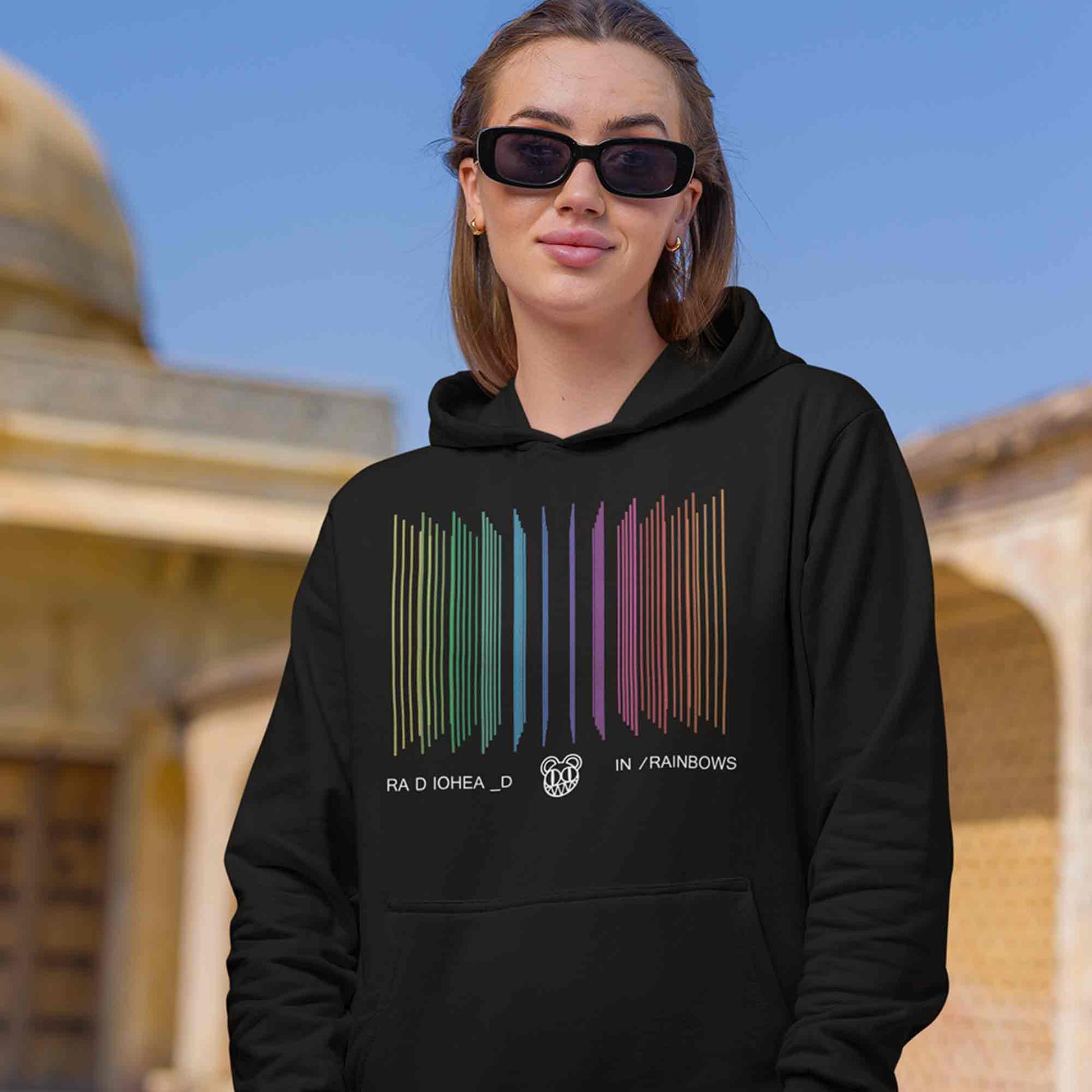 radiohead in rainbows hoodie hooded sweatshirt winterwear music band buy online usa united states of america the banyan tee tbt men women girls boys unisex black