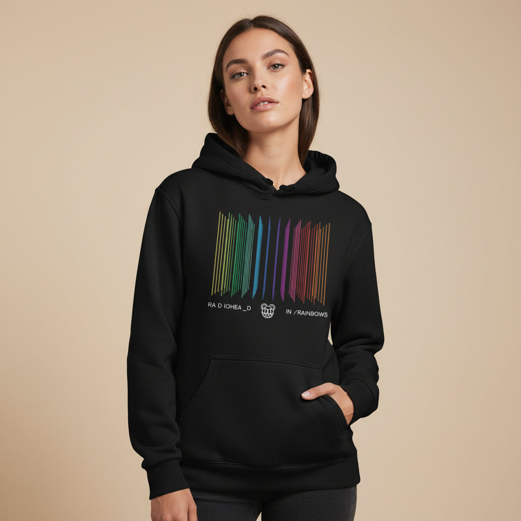 Black hoodie with colorful graphic design on a white background radiohead in rainbows hoodie the banyan tee