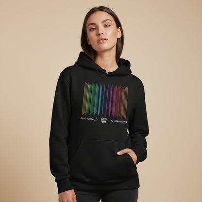 Black hoodie with colorful graphic design on a white background radiohead in rainbows hoodie the banyan tee