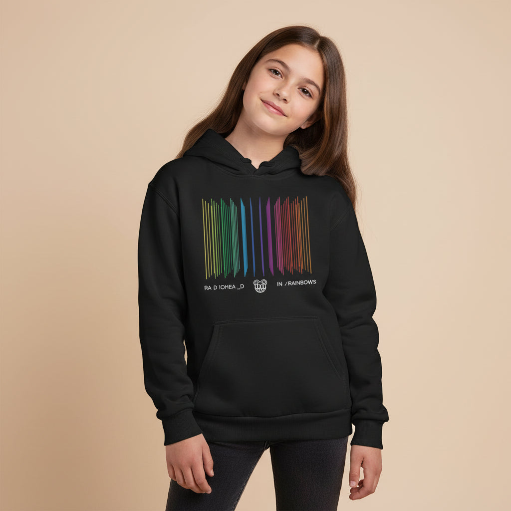 Black hoodie with colorful graphic design on a white background radiohead in rainbows hoodie the banyan tee