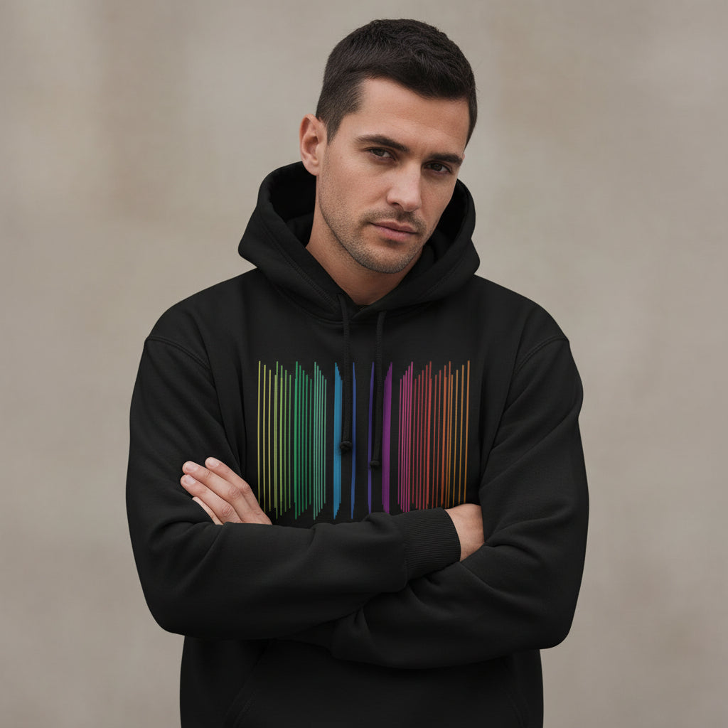 Black hoodie with colorful graphic design on a white background radiohead in rainbows hoodie the banyan tee