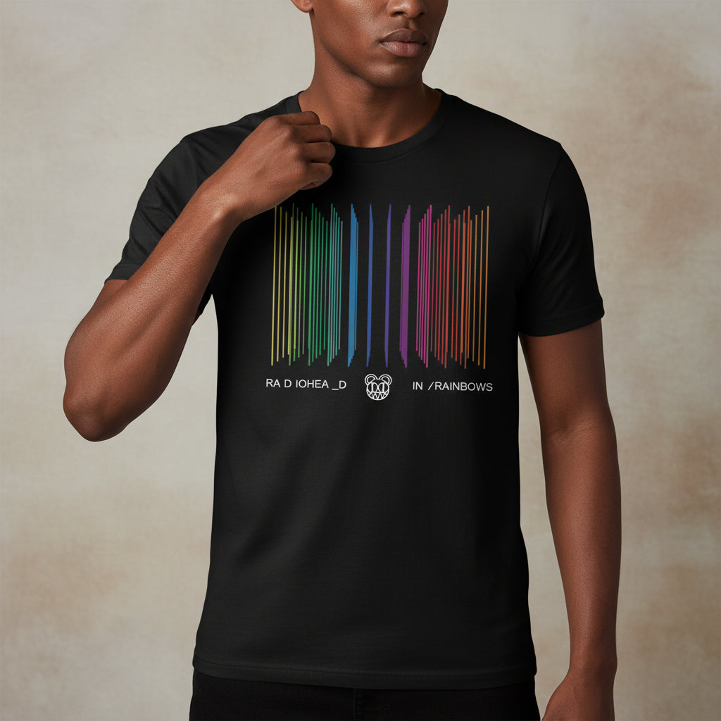 Black t-shirt with colorful barcode design and band name on a white background radiohead in rainbows the banyan tee