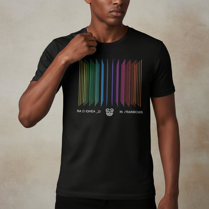Black t-shirt with colorful barcode design and band name on a white background radiohead in rainbows the banyan tee