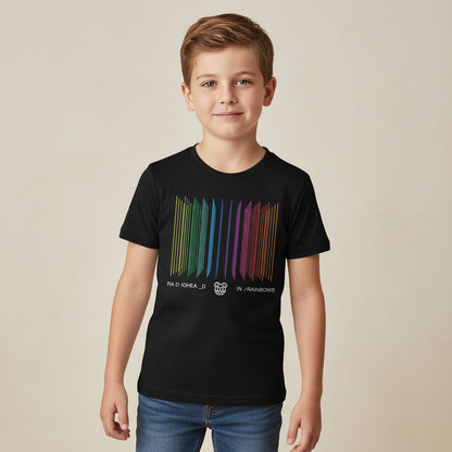 Black t-shirt with colorful barcode design and band name on a white background radiohead in rainbows the banyan tee