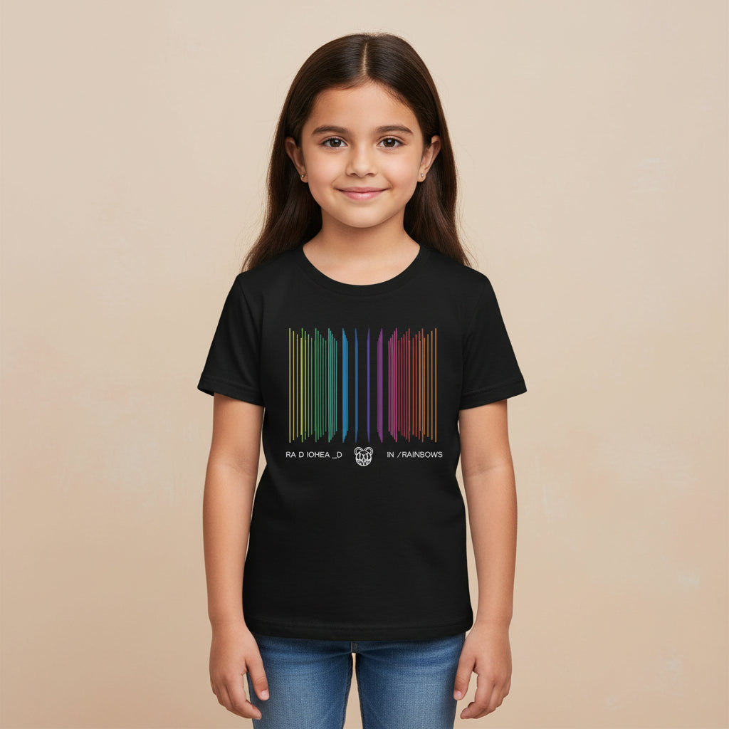 Black t-shirt with colorful barcode design and band name on a white background radiohead in rainbows the banyan tee