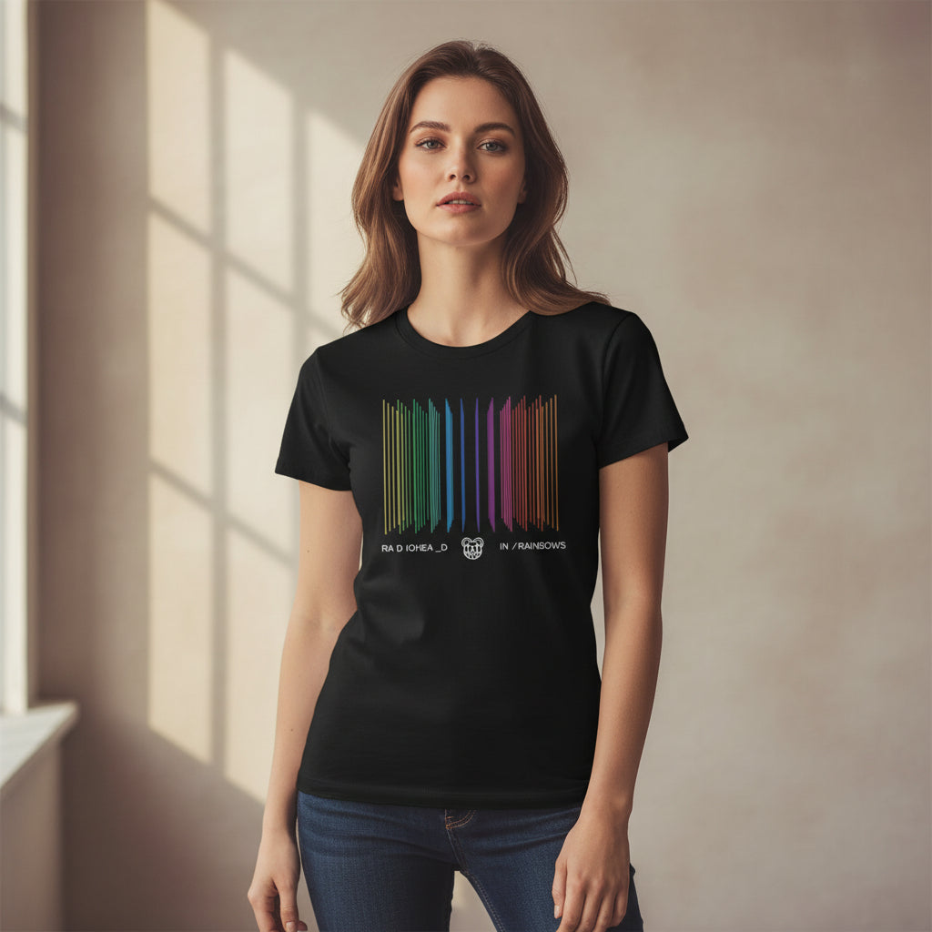 Black t-shirt with colorful barcode design and band name on a white background radiohead in rainbows the banyan tee