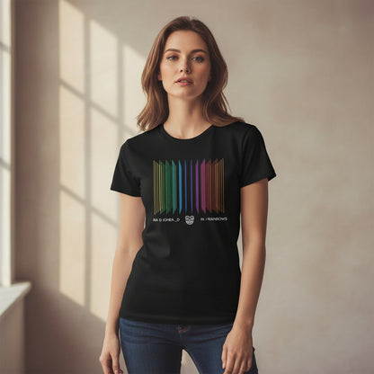 Black t-shirt with colorful barcode design and band name on a white background radiohead in rainbows the banyan tee