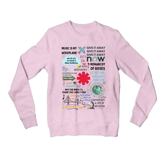 red hot chili peppers song story sweatshirt upper winterwear music band buy online united states of america usa the banyan tee tbt men women girls boys unisex baby pink