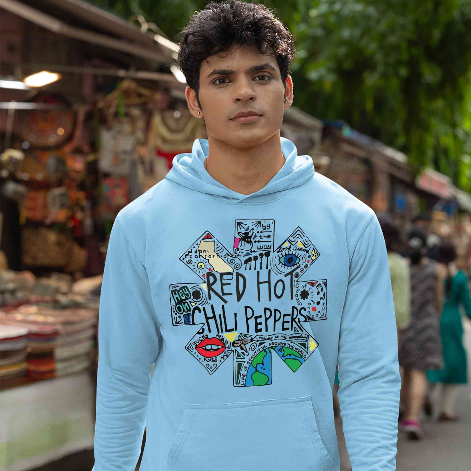 red hot chili peppers doodle hoodie hooded sweatshirt winterwear music band buy online united states usa the banyan tee tbt men women girls boys unisex  baby blue