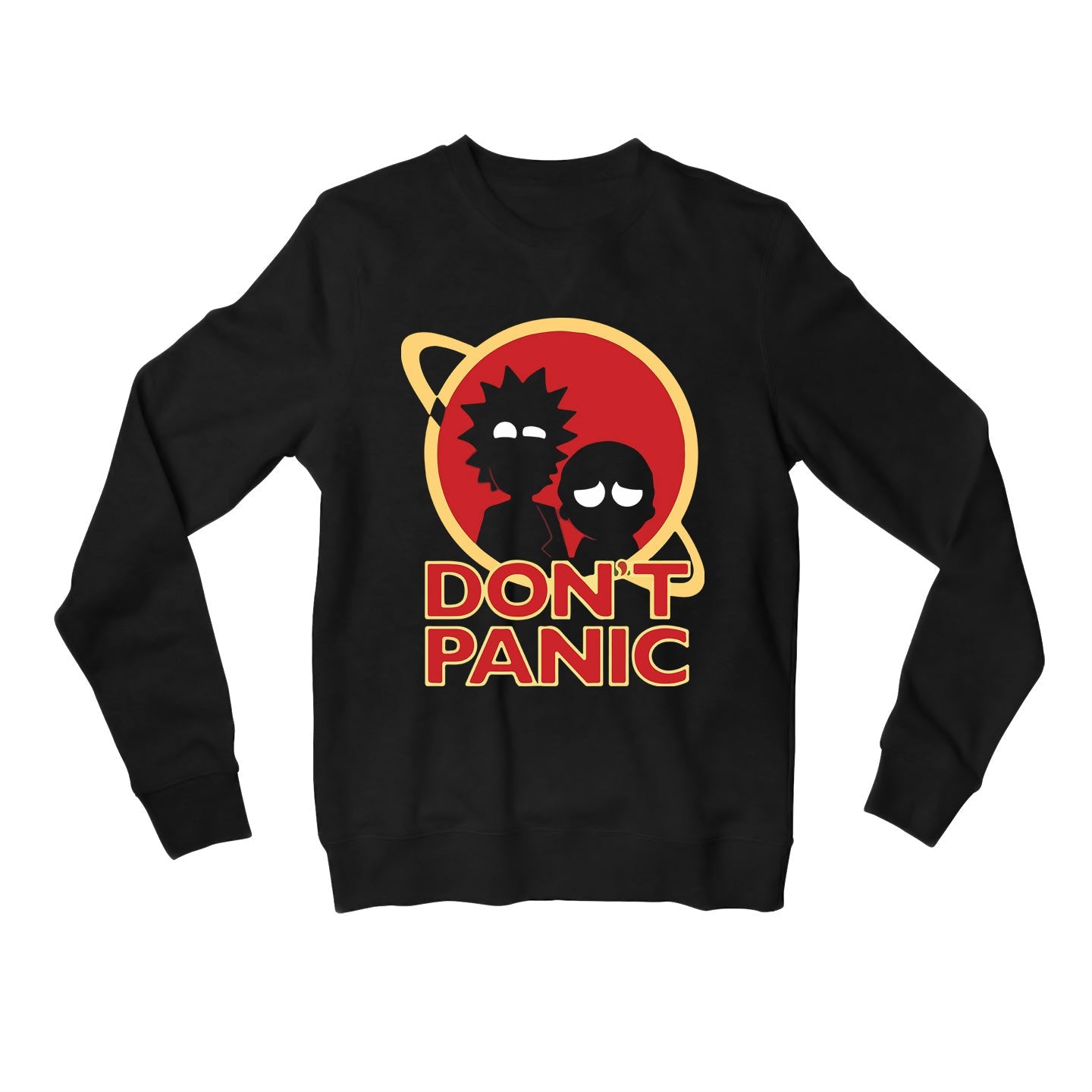 rick and morty don't panic sweatshirt upper winterwear buy online united states of america usa the banyan tee tbt men women girls boys unisex black rick and morty online summer beth mr meeseeks jerry quote vector art clothing accessories merchandise