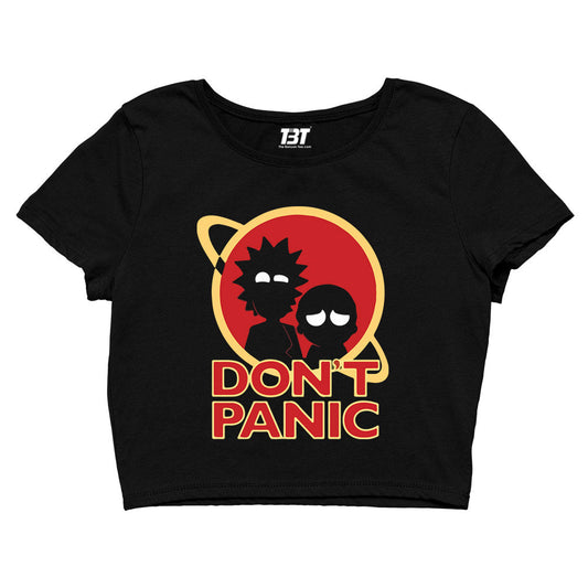 rick and morty don't panic crop top buy online united states of america usa the banyan tee tbt men women girls boys unisex black rick and morty online summer beth mr meeseeks jerry quote vector art clothing accessories merchandise