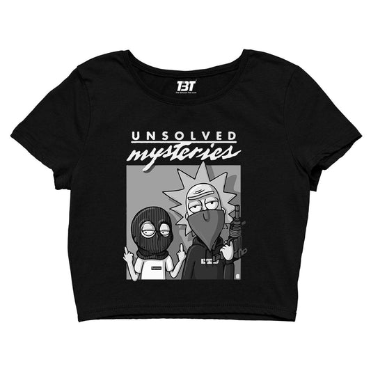 rick and morty unsolved mysteries crop top buy online united states of america usa the banyan tee tbt men women girls boys unisex black rick and morty online summer beth mr meeseeks jerry quote vector art clothing accessories merchandise
