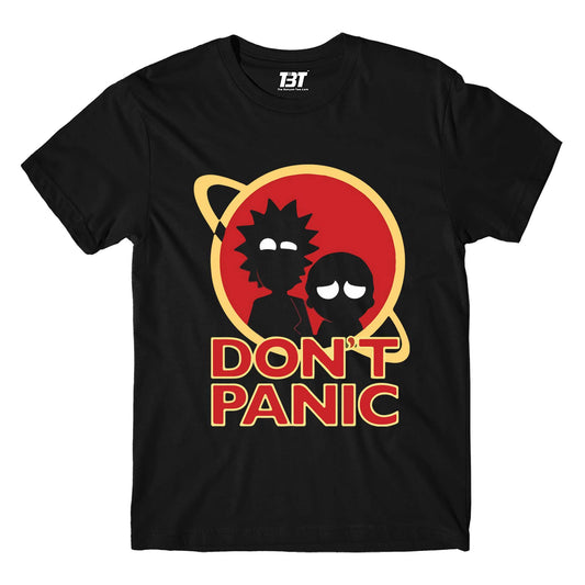 rick and morty don't panic t-shirt buy online united states usa the banyan tee tbt men women girls boys unisex black rick and morty online summer beth mr meeseeks jerry quote vector art clothing accessories merchandise