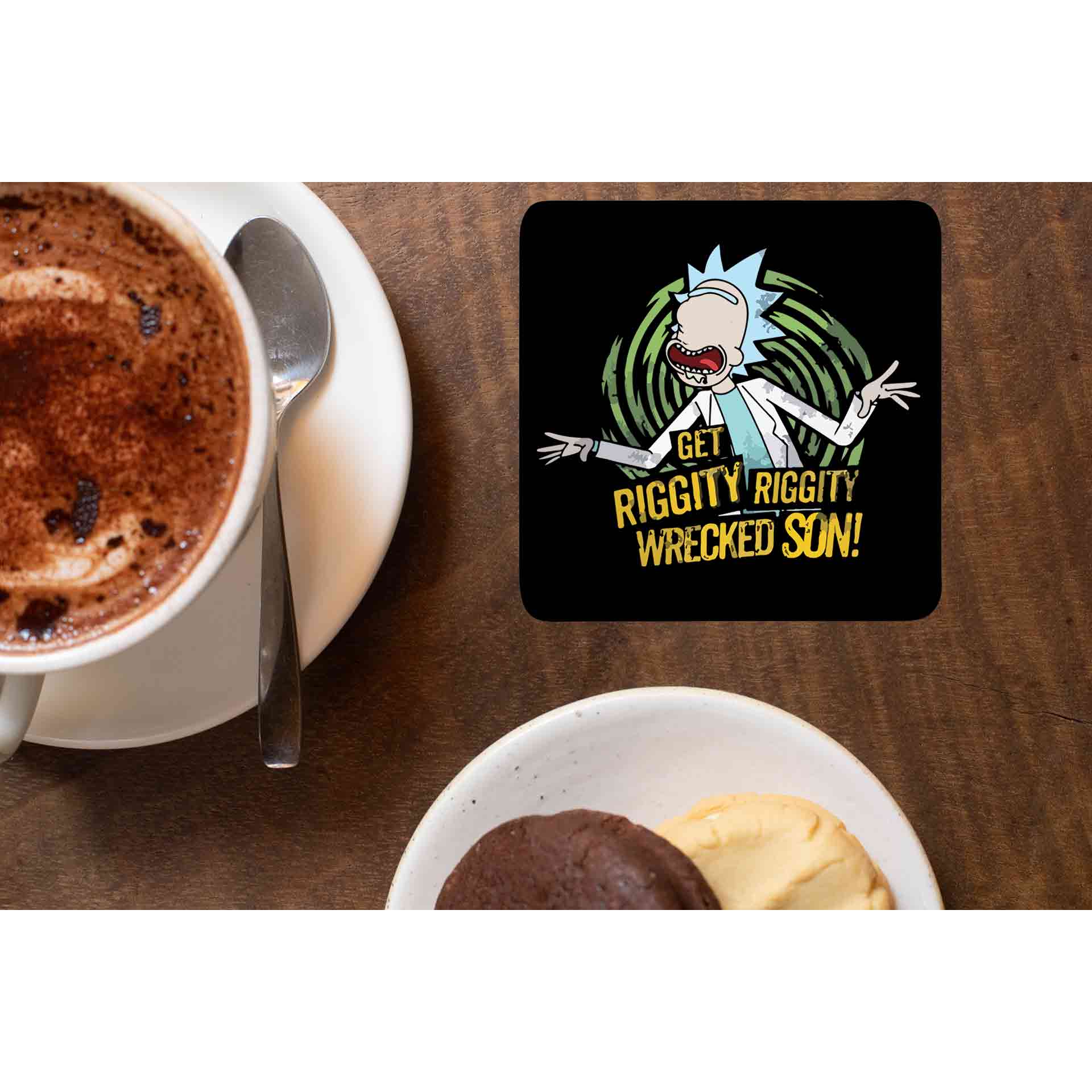 rick and morty riggity coasters wooden table cups indian buy online india the banyan tee tbt men women girls boys unisex  rick and morty online summer beth mr meeseeks jerry quote vector art clothing accessories merchandise