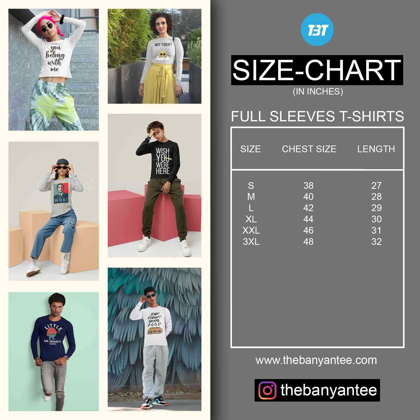 The Banyan Tee Full Sleeves Size Chart