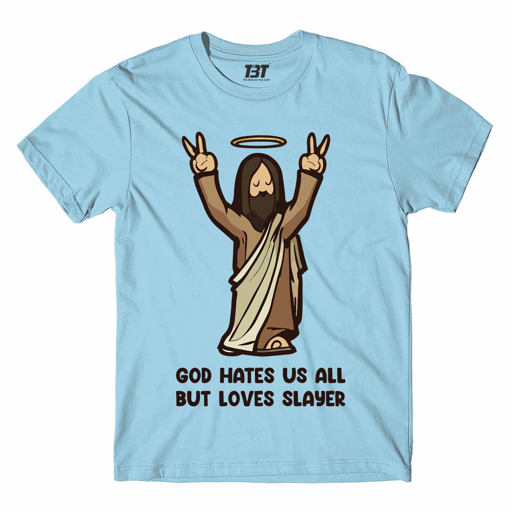 slayer god loves slayer t-shirt music band buy online usa united states the banyan tee tbt men women girls boys unisex ocean blue