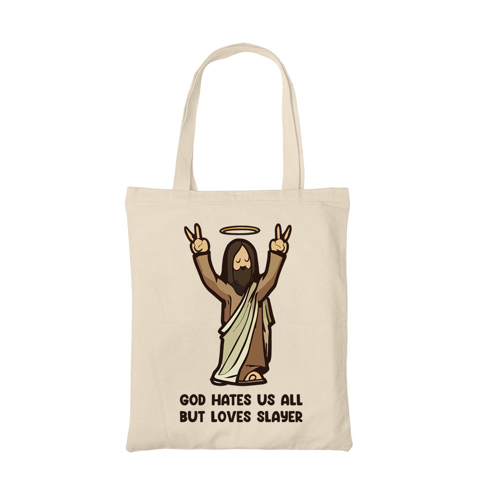 slayer god hates us all tote bag hand printed cotton women men unisex