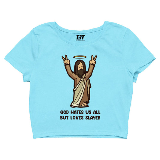 slayer god loves slayer crop top music band buy online united states of america usa the banyan tee tbt men women girls boys unisex sky blue