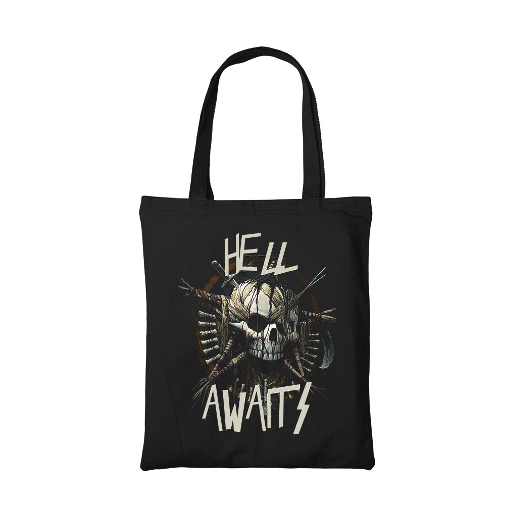 slayer hell awaits tote bag hand printed cotton women men unisex