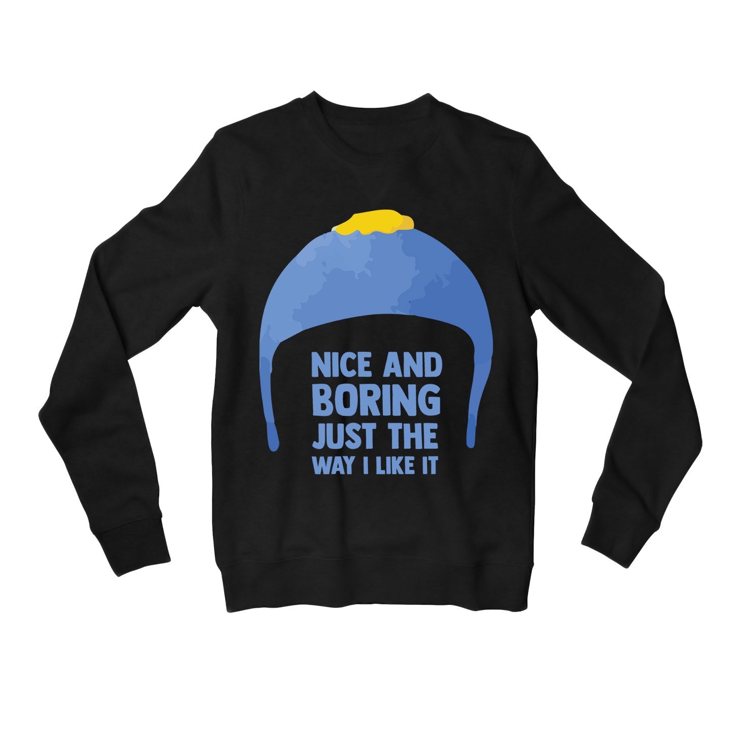south park nice & boring sweatshirt upper winterwear tv & movies buy online united states usa the banyan tee tbt men women girls boys unisex black south park kenny cartman stan kyle cartoon character illustration