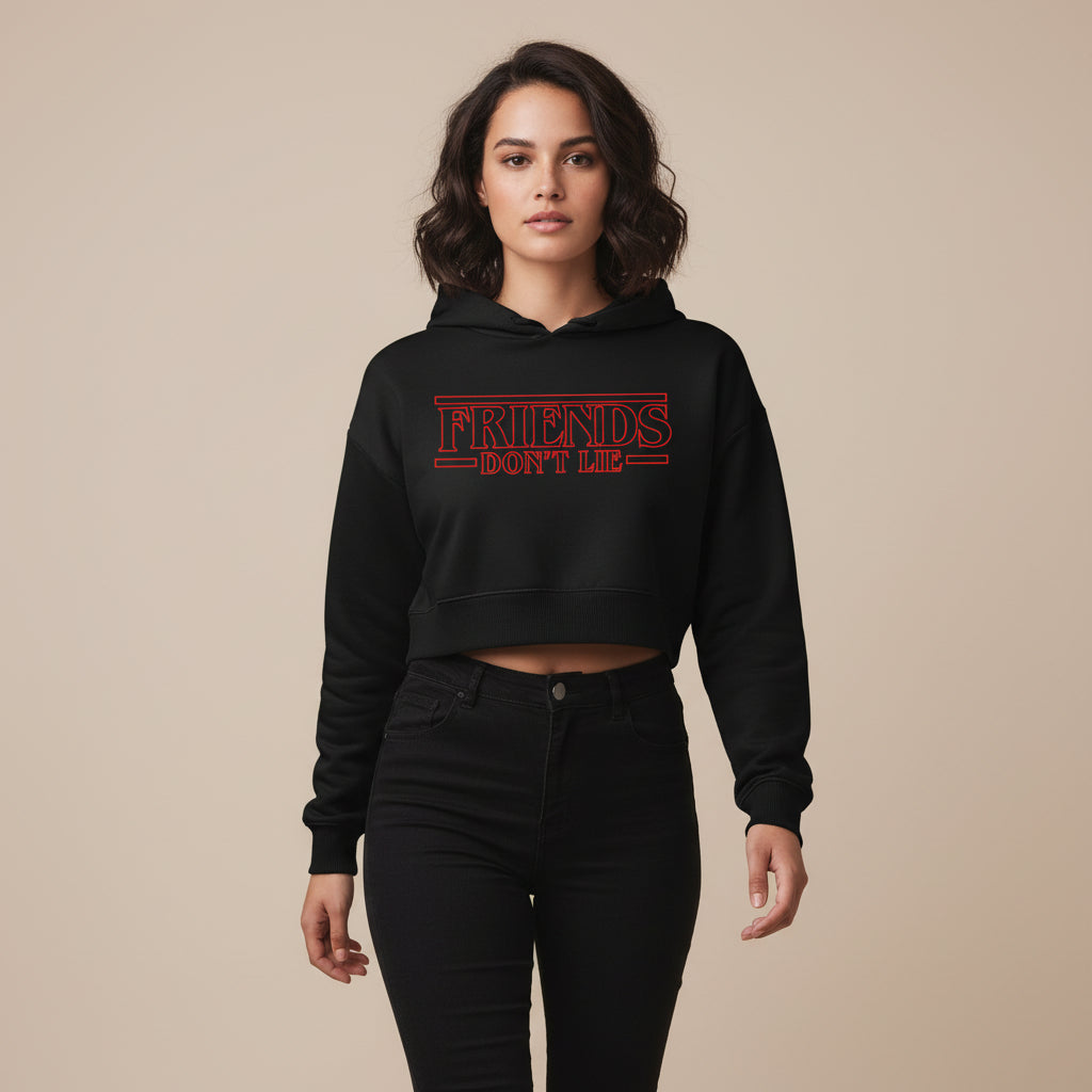 stranger things friends don't lie crop hoodie hooded sweatshirt upper winterwear tv & movies buy online india the banyan tee tbt men women girls boys unisex black stranger things eleven demogorgon shadow monster dustin quote vector art clothing accessories merchandise