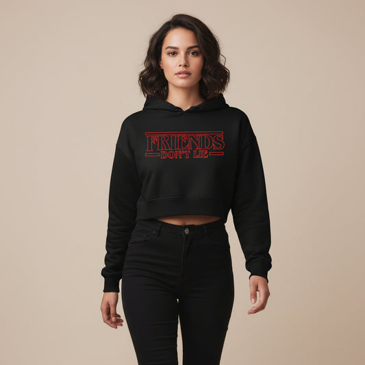 stranger things friends don't lie crop hoodie hooded sweatshirt upper winterwear tv & movies buy online india the banyan tee tbt men women girls boys unisex black stranger things eleven demogorgon shadow monster dustin quote vector art clothing accessories merchandise