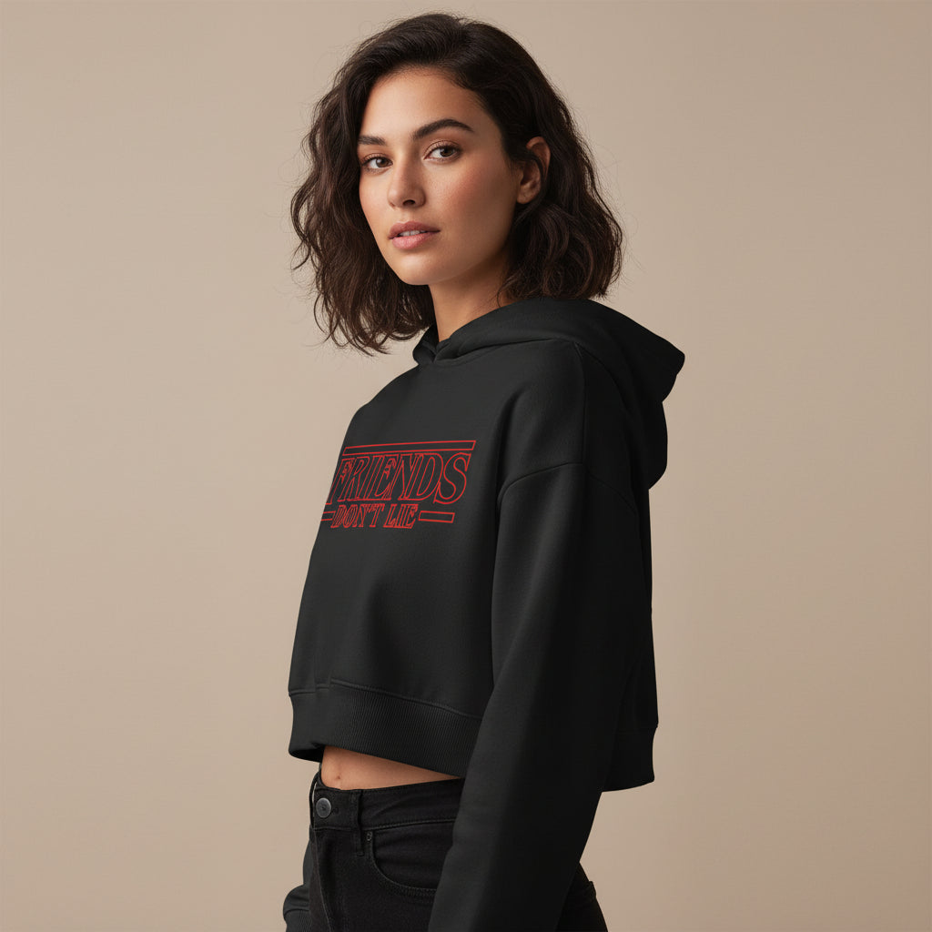 stranger things friends don't lie crop hoodie hooded sweatshirt upper winterwear tv & movies buy online india the banyan tee tbt men women girls boys unisex black stranger things eleven demogorgon shadow monster dustin quote vector art clothing accessories merchandise
