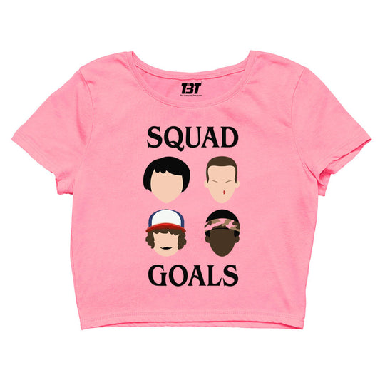stranger things squad goals crop top tv & movies buy online united states of america usa the banyan tee tbt men women girls boys unisex white stranger things eleven demogorgon shadow monster dustin quote vector art clothing accessories merchandise