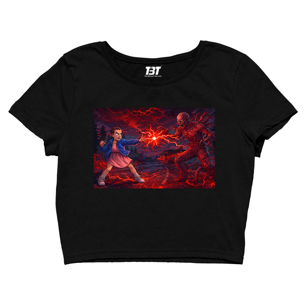 stranger things 11 vs 1 crop top tv & movies buy online united states of america usa the banyan tee tbt men women girls boys unisex black stranger things eleven demogorgon shadow monster dustin quote vector art clothing accessories merchandise