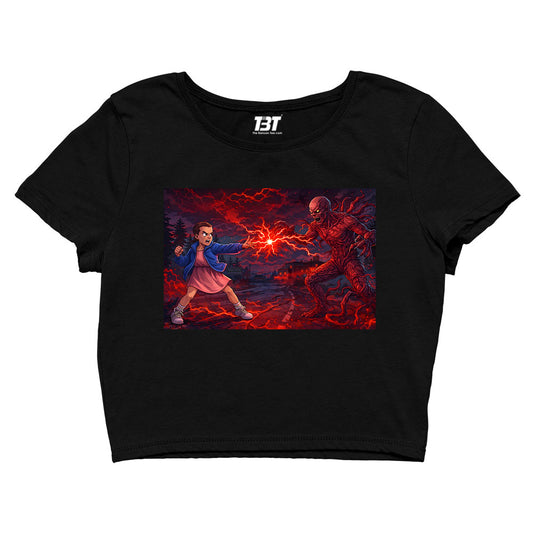 stranger things 11 vs 1 crop top tv & movies buy online united states of america usa the banyan tee tbt men women girls boys unisex black stranger things eleven demogorgon shadow monster dustin quote vector art clothing accessories merchandise